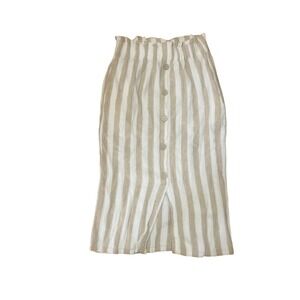 Love Tree Tan White Striped Linen Blend Paperbag Waist Midi Skirt Small